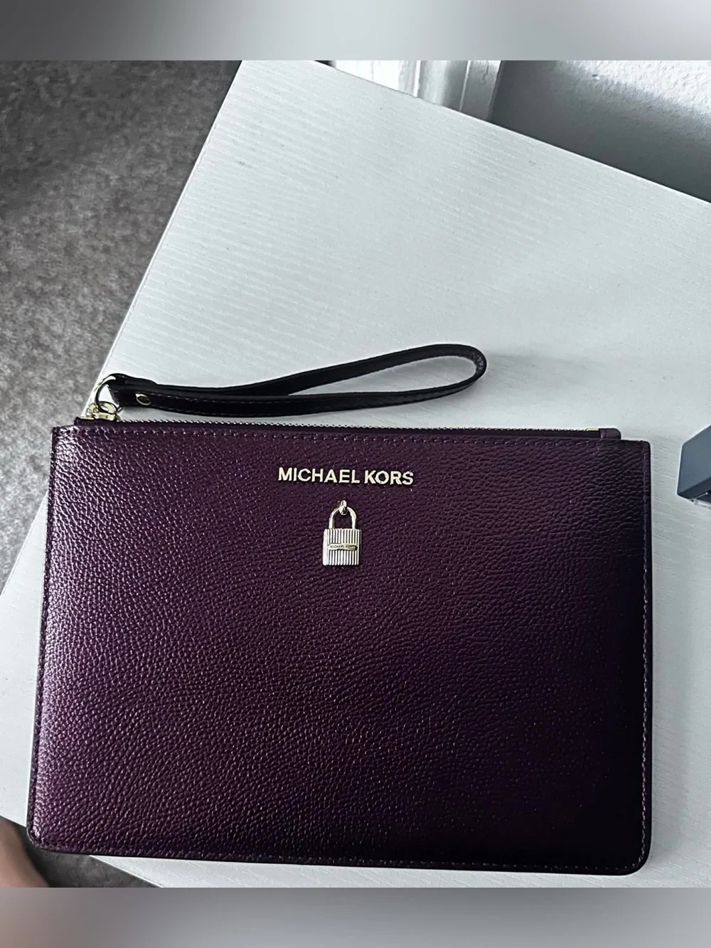 Michael Kors Plum Leather Wristlet Clutch with Gold Logo